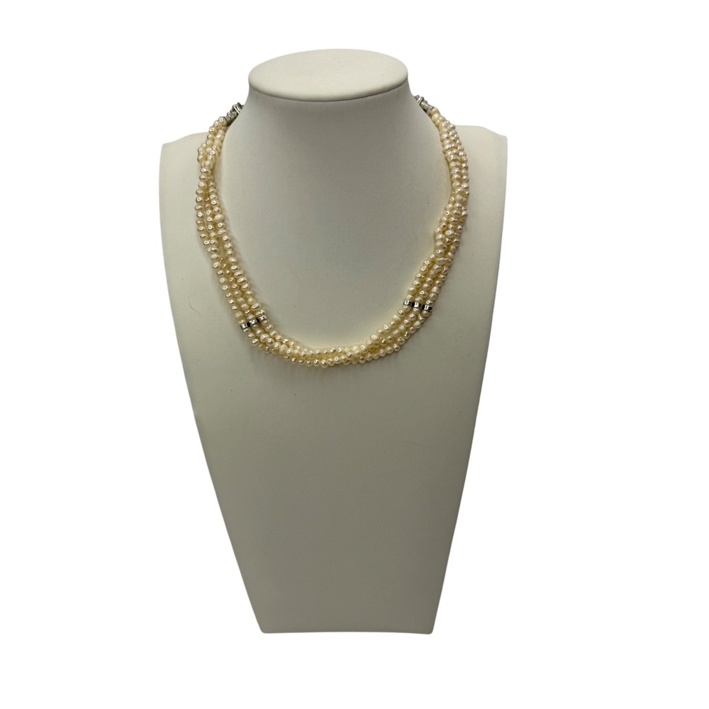 Triple Strand Freshwater Seed Pearl Necklace Cream Silver Tone Coquette Boho Y2K